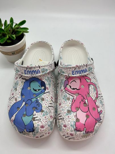 Custom Name Stitch and Angel Clogs Shoes, Stitch Summer Shoes,Stitch Sandals