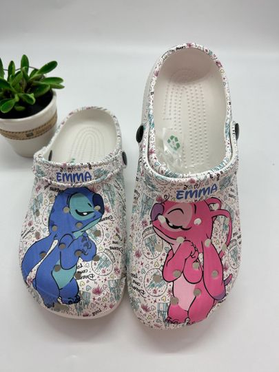 Custom Name Stitch and Angel Clogs Shoes, Stitch Summer Shoes,Stitch Sandals