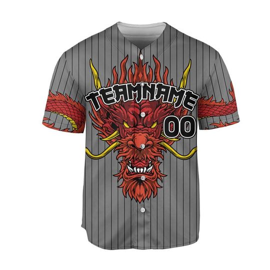 Personalize Team Name Devilish Dragon Striped Grey Color Baseball Jersey
