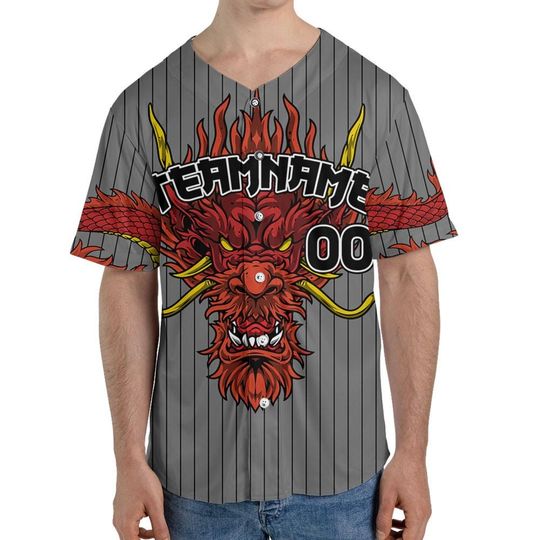 Personalize Team Name Devilish Dragon Striped Grey Color Baseball Jersey