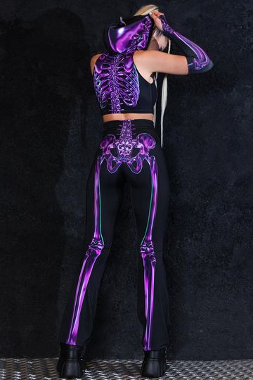 Purple Skeleton Flare Pants, Halloween pants, skeleton flare leggings for women, two piece Halloween costume, rave outfit, Halloween outfit