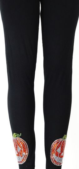 Regular Size Full Length Leggings Embellished Rhinestone & Stud Halloween Pumpkins Design
