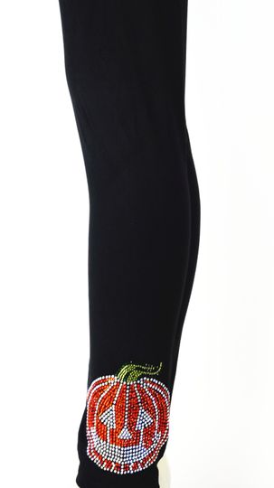 Regular Size Full Length Leggings Embellished Rhinestone & Stud Halloween Pumpkins Design