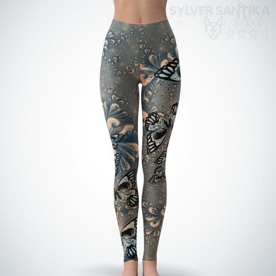 Skull Leggings Day of the Dead Skull Butterfly Leggings Blue Fractal