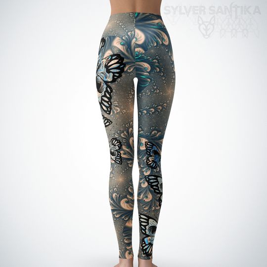 Skull Leggings Day of the Dead Skull Butterfly Leggings Blue Fractal