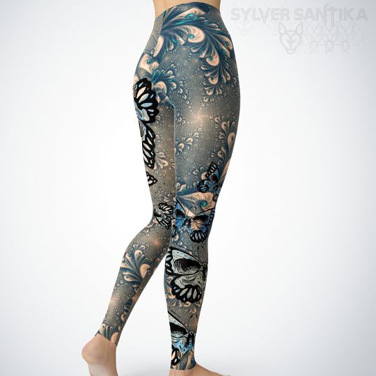 Skull Leggings Day of the Dead Skull Butterfly Leggings Blue Fractal