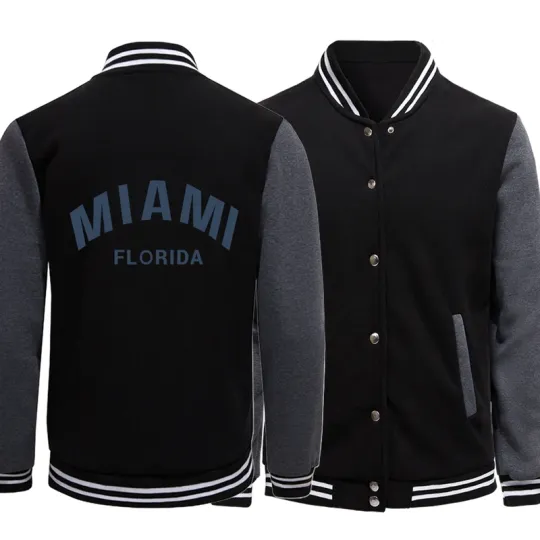 Miami Florida Letter Printing Jacket, Autumn Casual Men Baseball Jacket
