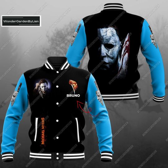 Personalized Michael Myers Colorful Baseball Jacket, Custom Halloween Baseball Jacket, Horror Movie Characters Baseball Jacket Man