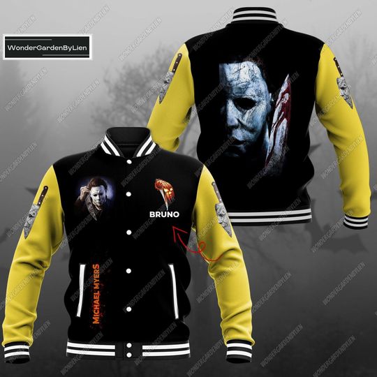 Personalized Michael Myers Colorful Baseball Jacket, Custom Halloween Baseball Jacket, Horror Movie Characters Baseball Jacket Man
