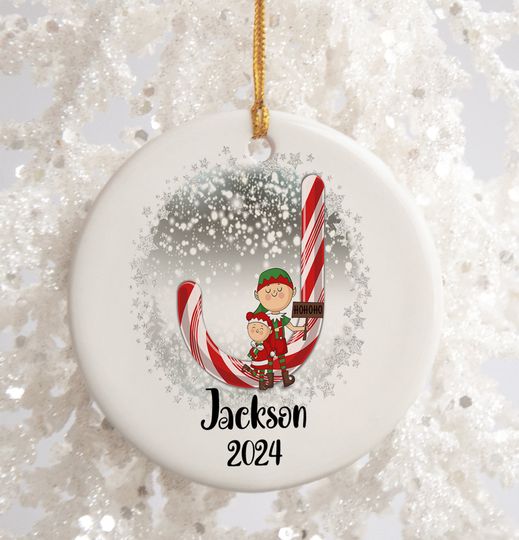 Elf Christmas Ornaments, Personalized Monogram Alphabet Ornament, Candy Cane Custom  Christmas Ornament, Custom Initial Ornament