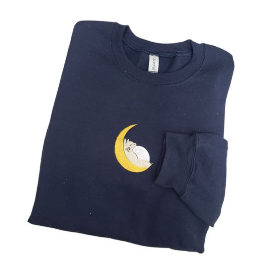Anime Forest Rabbit Sleeping Moon Embroidered Sweater Navy Blue