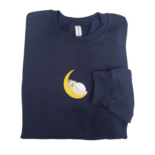 Anime Forest Rabbit Sleeping Moon Embroidered Sweater Navy Blue