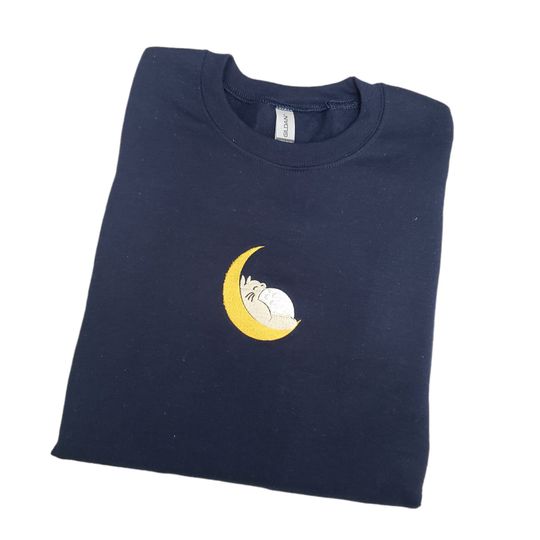 Anime Forest Rabbit Sleeping Moon Embroidered Sweater Navy Blue