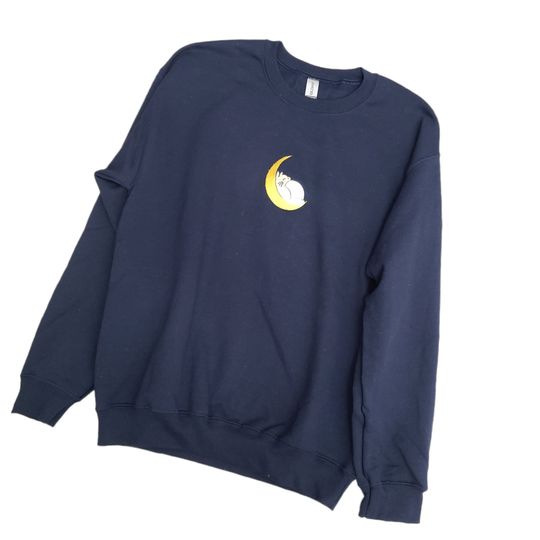 Anime Forest Rabbit Sleeping Moon Embroidered Sweater Navy Blue