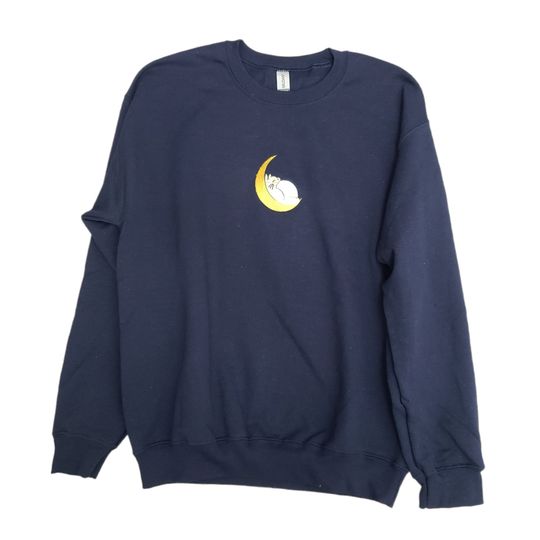 Anime Forest Rabbit Sleeping Moon Embroidered Sweater Navy Blue