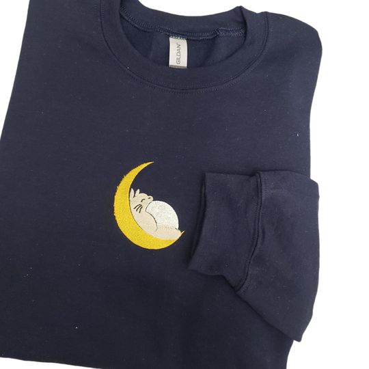 Anime Forest Rabbit Sleeping Moon Embroidered Sweater Navy Blue