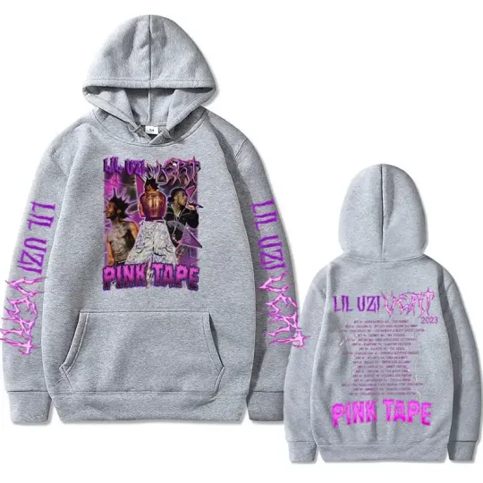 Rapper Lil Uzi Vert Concert Tour Pink Tape Graphic Hoodie Men Women Hip Hop Rock