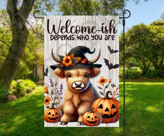 Funny Halloween Highland Cow Garden Flag Sublimation Design