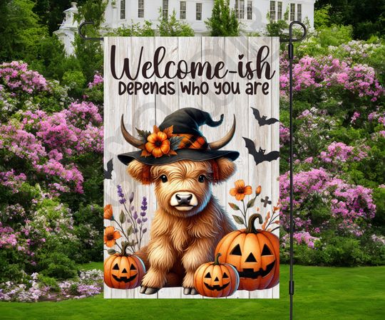 Funny Halloween Highland Cow Garden Flag Sublimation Design