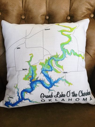 Grand Lake Oklahoma Pillow Cover / O' the Cherokees / Map / Northeast