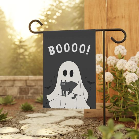 Boo Ghost Holding A Cat Halloween Garden Flag, Halloween Decor