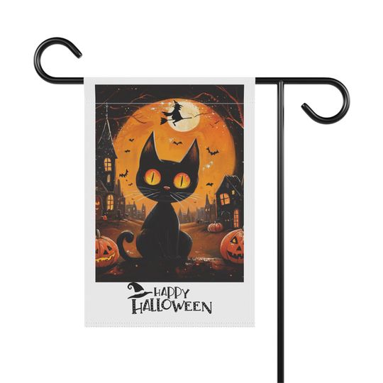 Black Cat and Pumpkins Halloween Garden Banner, Spooky Ghost Town