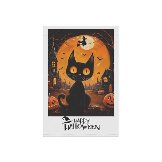 Black Cat and Pumpkins Halloween Garden Banner, Spooky Ghost Town