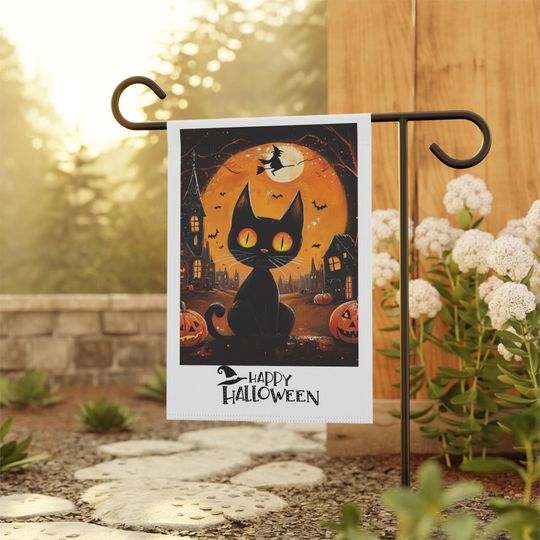 Black Cat and Pumpkins Halloween Garden Banner, Spooky Ghost Town