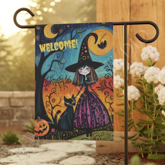 Halloween Garden Flag Design, Halloween Witch and Cat Welcome Garden