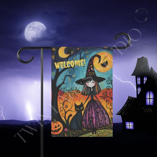 Halloween Garden Flag Design, Halloween Witch and Cat Welcome Garden