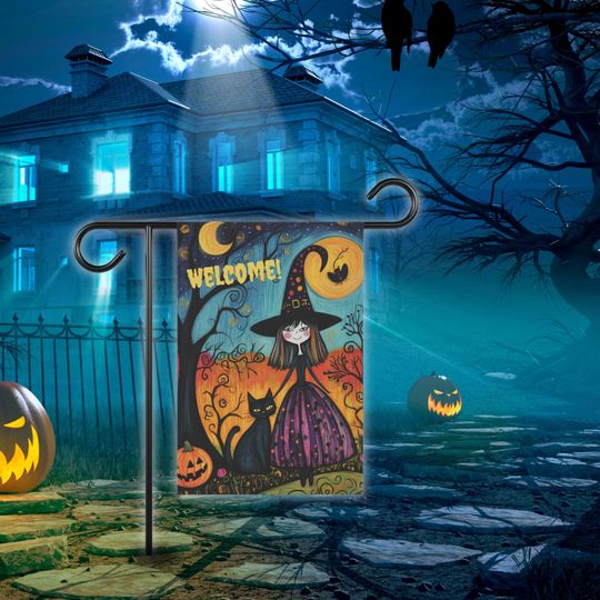 Halloween Garden Flag Design, Halloween Witch and Cat Welcome Garden