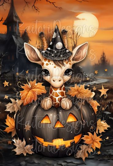 Baby Giraffe in Pumpkin Halloween Garden Flag Sublimation Design
