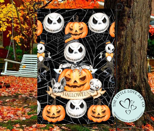 Halloween Skeleton Garden Flag Sublimation Design, Halloween Pumpkin Yard Decor