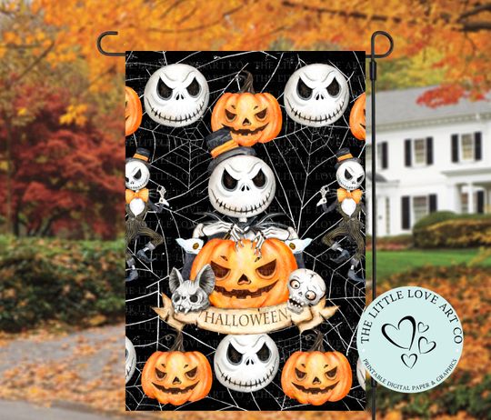 Halloween Skeleton Garden Flag Sublimation Design, Halloween Pumpkin Yard Decor