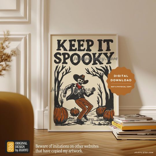 Spooky Dancing Skeleton Cowboy Wall Art Print, Retro Western Halloween Poster