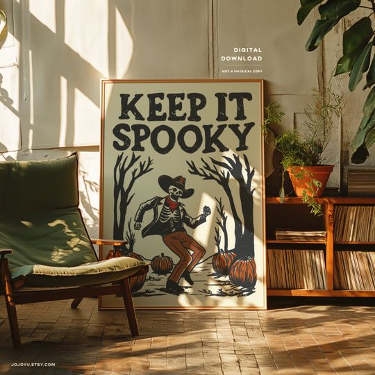 Spooky Dancing Skeleton Cowboy Wall Art Print, Retro Western Halloween Poster