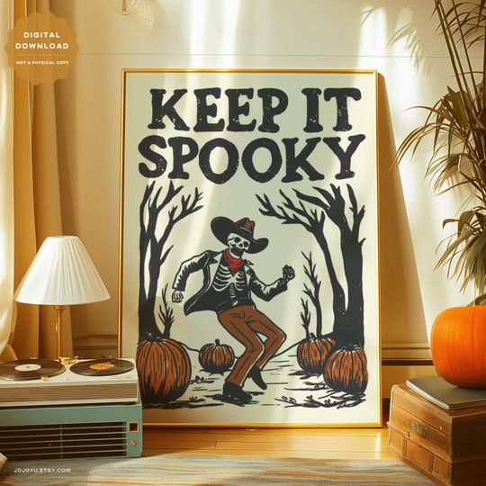 Spooky Dancing Skeleton Cowboy Wall Art Print, Retro Western Halloween Poster