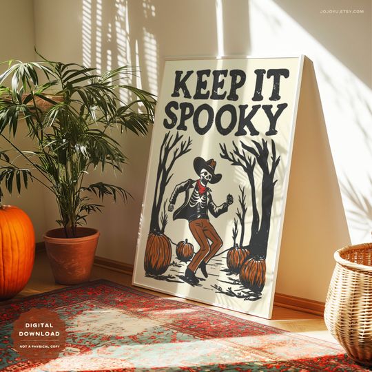 Spooky Dancing Skeleton Cowboy Wall Art Print, Retro Western Halloween Poster