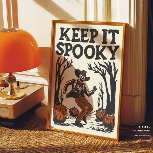 Spooky Dancing Skeleton Cowboy Wall Art Print, Retro Western Halloween Poster