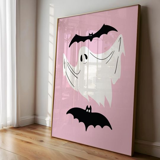 Pink Ghost Wall Art Print, Pinkoween Decor, Trendy Preppy Room Decor