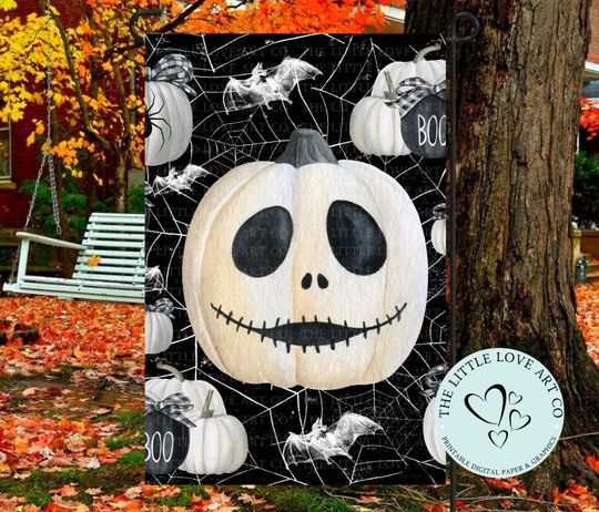 Spooky White Pumpkin Bats Garden Flag Sublimation Design