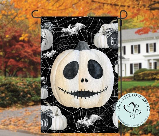 Spooky White Pumpkin Bats Garden Flag Sublimation Design