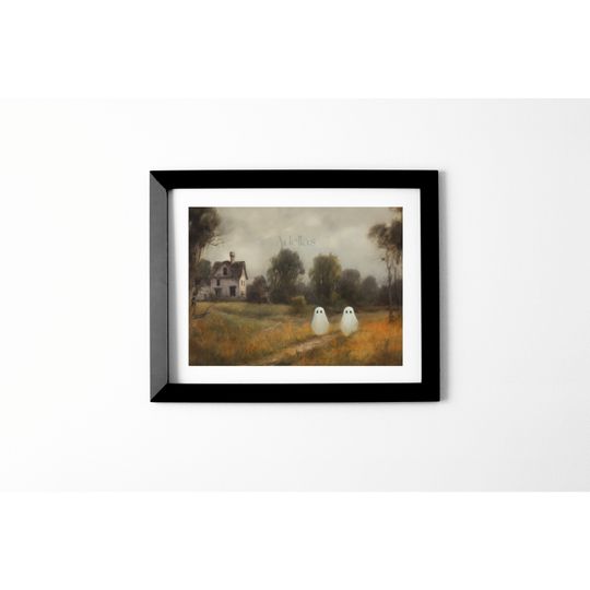 Cute Ghosts in Fall Meadow w/ Haunted House, Vintage Ghost Painting, Dark Academia