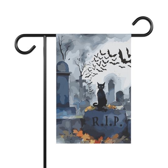 Graveyard Cat Welcome Flag | Happy Halloween Garden Flag