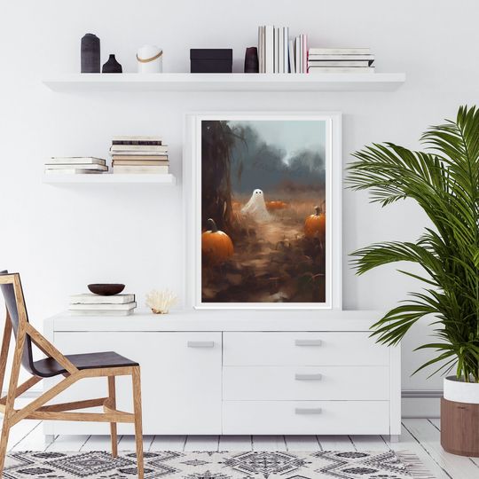 Ghost In The Pumpkin Patch, Halloween Print, Vintage Poster, Art Poster Print