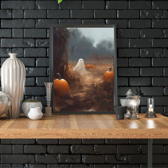 Ghost In The Pumpkin Patch, Halloween Print, Vintage Poster, Art Poster Print