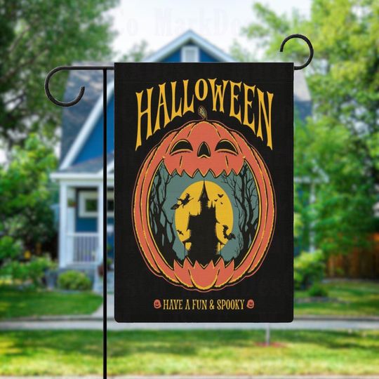 Spooky Haunted House & Pumpkin Halloween Garden Flag, Spooky Porch Flag