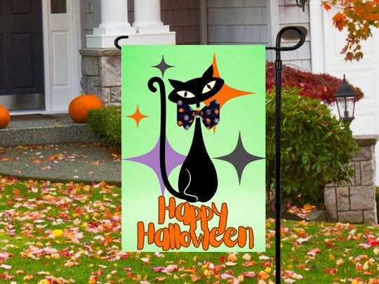Halloween Garden Flag, Vintage Black Cat Flag, Atomic Cat Halloween Banner