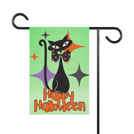 Halloween Garden Flag, Vintage Black Cat Flag, Atomic Cat Halloween Banner