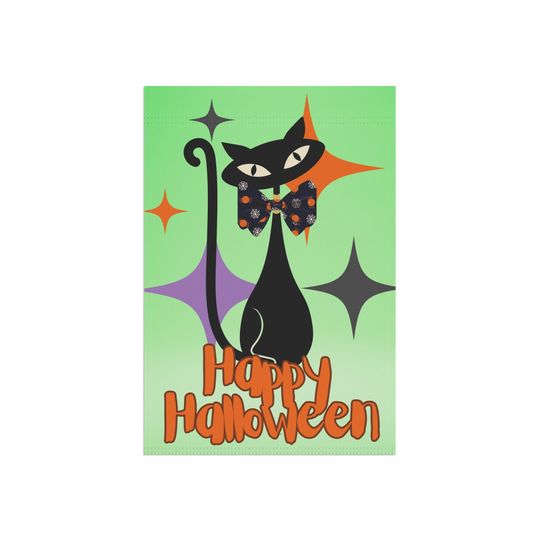 Halloween Garden Flag, Vintage Black Cat Flag, Atomic Cat Halloween Banner